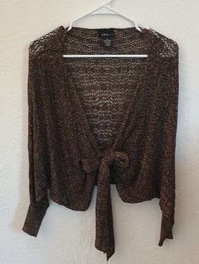 Mix It Brown Open-Knit Tie-Front V-Neck Sweater